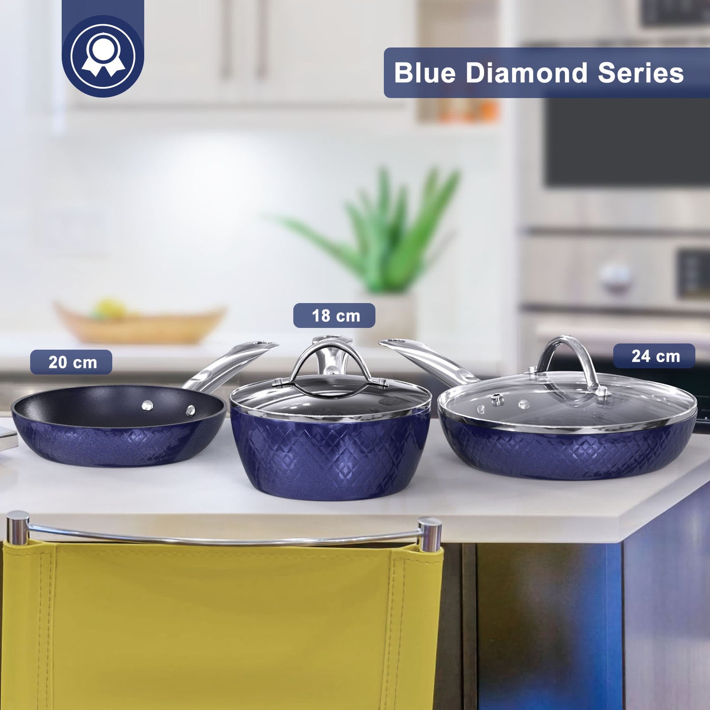 NonStick 3 Pieces Pans Blue 3D Diamond Cookware