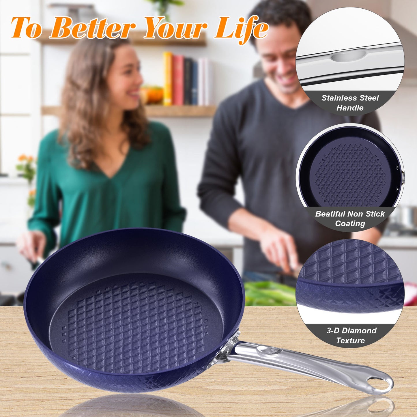 NonStick 3 Pieces Pans Blue 3D Diamond Cookware